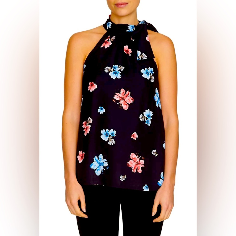 Cece Black Floral Halter Tie Summer Blouse Top Small‎ S 2 4